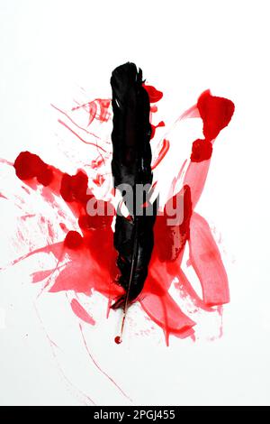 Art abstrait avec plumes noires sur éclaboussures de peinture rouge Banque D'Images