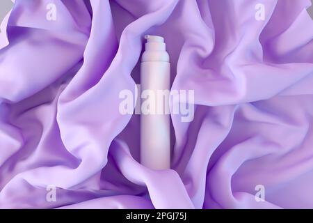 Long flacon blanc pour modèle crème. Maquette de marque de conception de produits cosmétiques. Récipient blanc avec distributeur dans les plis de tissu violet pastel Banque D'Images