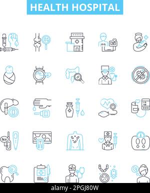 Ensemble d'icônes de lignes vectorielles de l'hôpital de santé. Hôpital, Santé, soins, médical, établissement, L'illustration de l'unité, de la clinique présente les symboles et les signes du concept Illustration de Vecteur