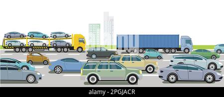 Autoroute avec camion et voiture de tourisme, illustration Illustration de Vecteur