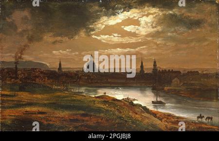 Dresde par Moonlight 1845 par Johan Christian Clausen Dahl Banque D'Images