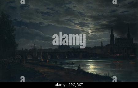 Vue de Dresde par Moonlight 1839 par Johan Christian Clausen Dahl Banque D'Images