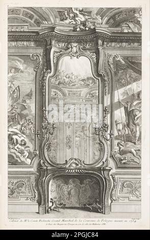 Cabinet de M. le Comte Bielenski Grand Marechal de la Couronne de Bologne exécuté en 1734; cheminée avec glace, avec de que côté une partie du lambris d'appui et des perforations, 1st planche 1742–48 par juste-Aurele Meissonnier Banque D'Images
