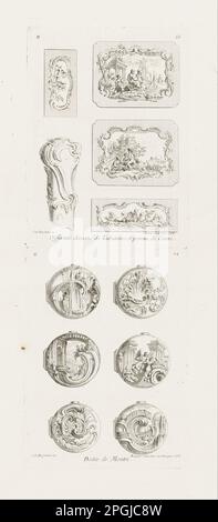 Différents desseins de Tabatières, et pompe de canne, cinquième planche [différents modèles pour boîtes à priser et poignée de canne, 5th plaques], pl. 53 dans oeuvre de juste-Aurèle Meissonnier 1748 par juste-Aurele Meissonnier Banque D'Images