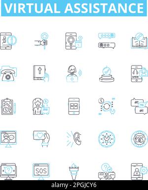 Jeu d'icônes de ligne de vecteur d'assistance virtuelle. Virtuel, assistance, ai, Chatbot, automatisation, L'assistant, l'illustration du robot, présente les symboles et les signes du concept Illustration de Vecteur