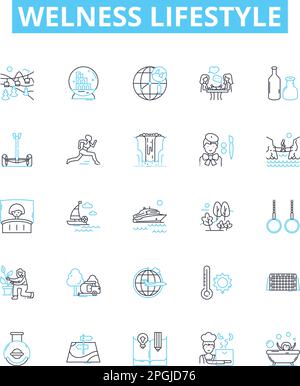 Jeu d'icônes de lignes vectorielles style de vie de bien-être. Bien-être, style de vie, Santé, condition physique, régime, Nutrition, illustration de l'exercice décrit les symboles de concept et Illustration de Vecteur