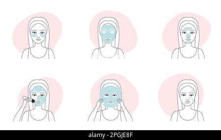 Masques pour le visage, soins de beauté icônes de ligne mince définir l'illustration vectorielle. Contour des personnages femelles appliquer le masque d'argile ou de crème avec des pinceaux, des cercles d'application de patch et le concombre pour les yeux et les soins de la peau Illustration de Vecteur