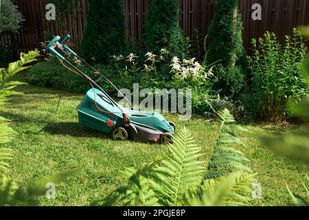 Tondeuse à main pendant la tonte régulière d'une pelouse en été. À l'extérieur. Tondeuse dans le jardin à l'arrière-cour. Banque D'Images