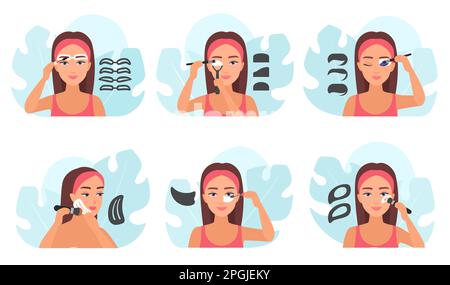 Comment utiliser le stencil de maquillage, le tutoriel et l'illustration vectorielle de l'ensemble d'infographies. Cartoon femme appliquant des fards à paupières, sourcils et eyeliner en utilisant des outils de pinceau et de couche, maquillage de femme modèle avec des modèles Illustration de Vecteur