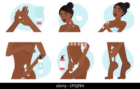 Illustration vectorielle de l'ensemble de soins pour la peau du corps. Collection de dessins animés pour le soin de la peau avec crème ou lotion pour femme en peau foncée sur différentes parties du corps, massage pour les bras et les jambes avec des cosmétiques Illustration de Vecteur