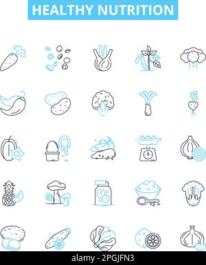 Ensemble d'icônes de lignes vectorielles de nutrition saine. Nutrition, saine, alimentation, équilibrée, légumes, L'illustration fruits, grains présente les symboles et les signes du concept Illustration de Vecteur