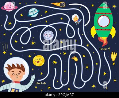 Aidez l'astronaute adorable garçon à trouver un moyen d'accéder à la fusée. Casse-tête de labyrinthe d'espace pour les enfants Illustration de Vecteur
