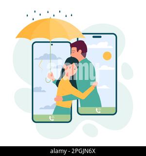 L'amour, l'aide et l'assistance de l'illustration vectorielle en ligne d'ami. Homme de dessin animé et femme embrassant des écrans de téléphone, personnage masculin tenant parapluie pour protéger la fille solitaire triste de la pluie et de la dépression Illustration de Vecteur