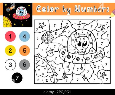 Jeu de couleurs par numéros pour enfants. Page de coloriage avec un extraterrestre mignon dans l'espace Illustration de Vecteur