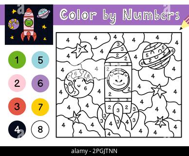 Jeu de couleurs par numéros pour enfants. Page de coloriage d'espace avec une grenouille en fusée Illustration de Vecteur