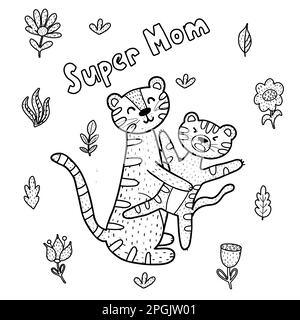 Super maman coloriage page avec mignon tigres maman et bébé. Imprimé noir et blanc pour la fête des mères Illustration de Vecteur