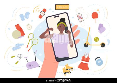 Application mobile pour un style de vie sain et des entraînements sportifs illustration vectorielle. Dessin animé main tenant le téléphone avec la bonne fille de forme physique montrant des muscles à l'écran, des objets et de l'équipement pour les exercices et le bien-être Illustration de Vecteur