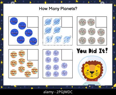 Combien de planète voyez-vous ? Compter et écrire le nombre de jeux éducatifs de labyrinthe pour les enfants Illustration de Vecteur