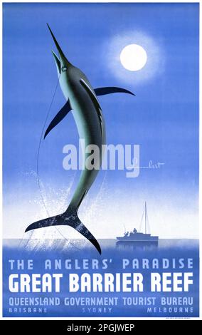 Le paradis des pêcheurs. Grande barrière de corail par Noel Pasco Lambert (1889-1974). Affiche publiée en 1936 en Australie. Banque D'Images