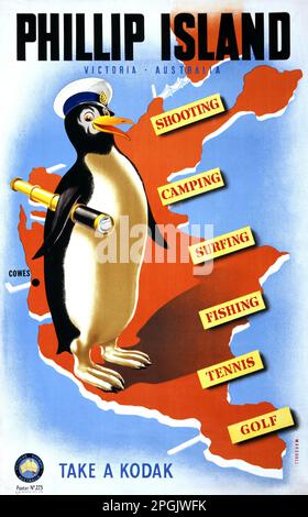 Phillip Island par J. Miller Marshall (dates inconnues). Affiche publiée en 1930s en Australie. Banque D'Images