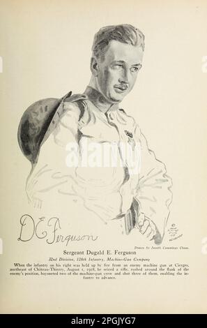 Sergent Dugald E. Ferguson 32nd Division, 126th infanterie, compagnie de mitrailleuses quand l'infanterie à sa droite a été tenue par le feu d'une mitrailleuse ennemie à Cierges, au nord-est de Château-Thierry, 1 août 1918, il a saisi un fusil, s'est précipité sur le flanc de la position de l'ennemi, Deux de l'équipage de mitrailleuse ont été bayonés et trois d'entre eux ont tiré, permettant aux en fantry de progresser du livre ' actes d'héroïsme et de bravoure : le livre des héros et de l'audace personnelle ' par Elwyn Alfred Barron et Rupert Hughes, Date de publication 1920 Editeur New York : Harper & Brothers Publishers Banque D'Images