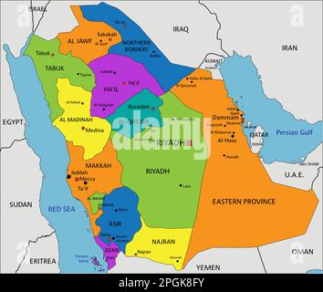 Carte politique colorée de l'Arabie Saoudite avec des couches clairement étiquetées et séparées. Illustration vectorielle. Illustration de Vecteur