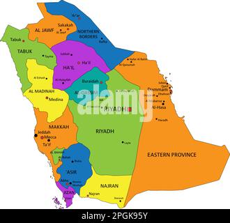 Carte politique colorée de l'Arabie Saoudite avec des couches clairement étiquetées et séparées. Illustration vectorielle. Illustration de Vecteur