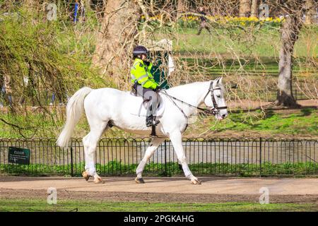 Londres, Royaume-Uni. 23rd mars 2023. Un policier à cheval dans le parc. Cet après-midi, vous apprécierez le soleil, les températures douces et la floraison printanière du parc St James' Park, dans le centre de Londres. Credit: Imagetraceur/Alamy Live News Banque D'Images