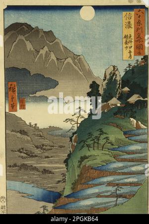 Mt. Kyodai et la Lune se reflètent dans les champs de riz de Sarashina, dans la province de Shinano, n° 25 1853/1858 par Utagawa Hiroshige Banque D'Images