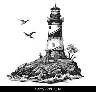 Illustration du phare sur le bord de mer dessinée à la main Illustration de Vecteur