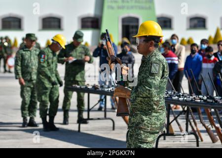 L'armée mexicaine de la zone militaire de 22nd a détruit 288 armes de petit calibre, 93 armes de long, 3472 munitions et 102 magazines, qui provenaient de saisies effectuées par le crime organisé et avaient été mis à la disposition du Ministère de la défense nationale. Sur 22 mars 2023 à Rayón, México. (Photo par Arturo Hernández/Eyepix Group/Sipa USA) crédit: SIPA USA/Alay Live News Banque D'Images