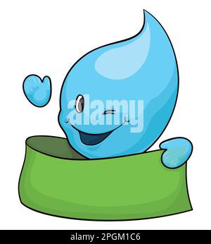 Modèle avec une goutte d'eau bleue joyeuse et un geste d'ondulation et un ruban vert. Design de style dessin animé. Illustration de Vecteur