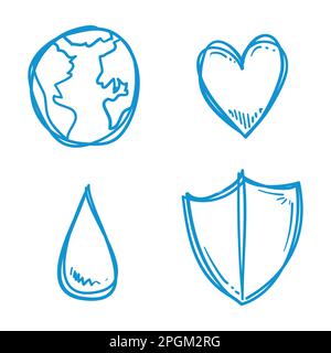 Groupe d'objets en forme de doodle et contours bleus de globe, coeur, goutte d'eau et bouclier. Illustration de Vecteur