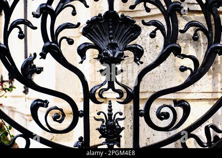 clôture en fer forgé noir au-dessus de la base et du seuil en pierre beige. éléments décoratifs en acier forgé entre les tiges verticales en acier. arrière-plan en pierre flou et doux. Banque D'Images