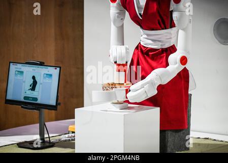 Barcelone, Espagne – 1 mars 2023: Présentation de la plate-forme d'augmentation humaine DoCoMo à la CMM 2023 Banque D'Images
