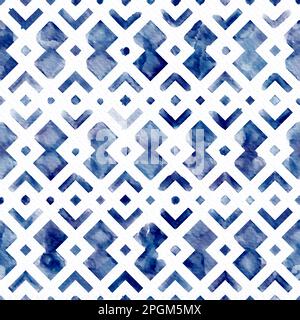 Aquarelle peinte à la main abstraite complexe carreaux géométriques bleus allover motif sans couture avec lignes et losange Banque D'Images