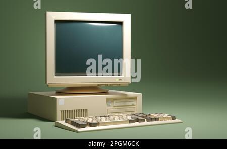 Une configuration de bureau classique pour ordinateur personnel 90s beige. 3d illustration Banque D'Images