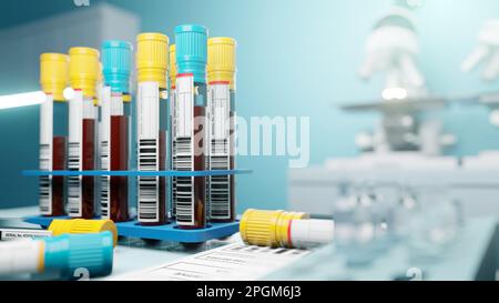 Des rangées d'échantillons de sang dans un laboratoire faisant l'objet d'un dépistage et d'un test pour un usage médical. 3D illustration Banque D'Images