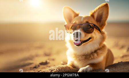 Beau chiot corgi mignon porte des lunettes de soleil à la mer de plage pendant les vacances d'été. Concept de vacances d'été, station balnéaire, vacances. Adve Banque D'Images