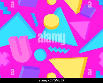 Motif Memphis sans couture avec 3D formes géométriques dans le style 80s. Motif géométrique coloré. Conception de produits promotionnels, papier d'emballage et printin Illustration de Vecteur