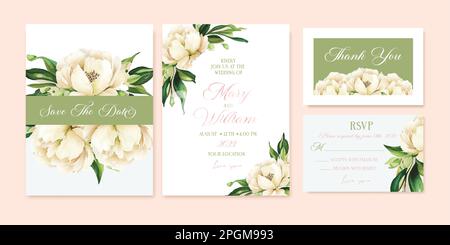 Invitation de mariage avec fleurs et feuilles de pivoine blanches, aquarelle, isolée sur blanc. Aquarelle vectorielle. Illustration de Vecteur