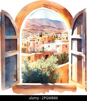 Vue depuis la fenêtre du paysage pittoresque du Maroc en Afrique Illustration de Vecteur