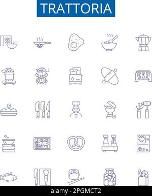 Les panneaux Trattoria Line Icons sont en place. Collection design de Restaurant, Italien, Pizza, pâtes, cuisine, Trattoria, déjeuner, dîner Outline concept Vector Illustration de Vecteur