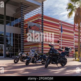 Une photo de nombreuses motos Harley-Davidson devant la succursale Harley-Davidson de Las Vegas. Banque D'Images