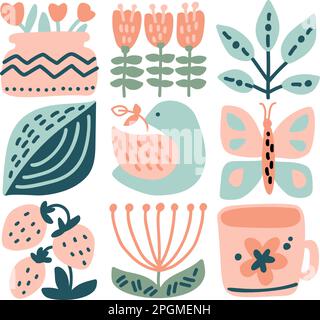 Motif de composition du logo ethnique du printemps vectoriel représentant l'oiseau, la fleur, la feuille, la fraise et la branche. Illustration de boho mignon dans un constructeur dessiné à la main en carré Illustration de Vecteur