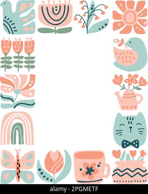 Vecteur ressort ethnique logo composition motif cadre mosaïque de mosaïque d'oiseau, de fleur, de feuille, de fraise et de branche. Jolie illustration boho dessinée à la main Illustration de Vecteur