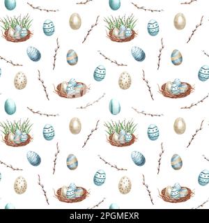 Oeufs de Pâques, nids, saule, imprimé pâques motif aquarelle sans couture. Banque D'Images