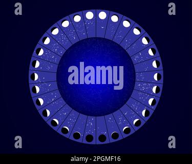 cercle des phases lunaires, carte vectorielle d'astronomie du calendrier, roue lunaire isolée sur fond bleu étoilé Illustration de Vecteur