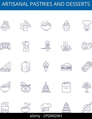 Pâtisseries et desserts artisanaux sont des symboles représentant une ligne d'icônes. Collection design de confiseries, pâtisseries, desserts, artisanaux, cuits au four, Gâteaux, cupcakes, sucreries Illustration de Vecteur
