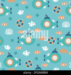 Motif vectoriel sans couture avec sous-marin, bouée de sauvetage, poisson clown, algues, étoiles de mer.créatures de dessin animé sous-marin.fond marin.joli motif océan pour Illustration de Vecteur